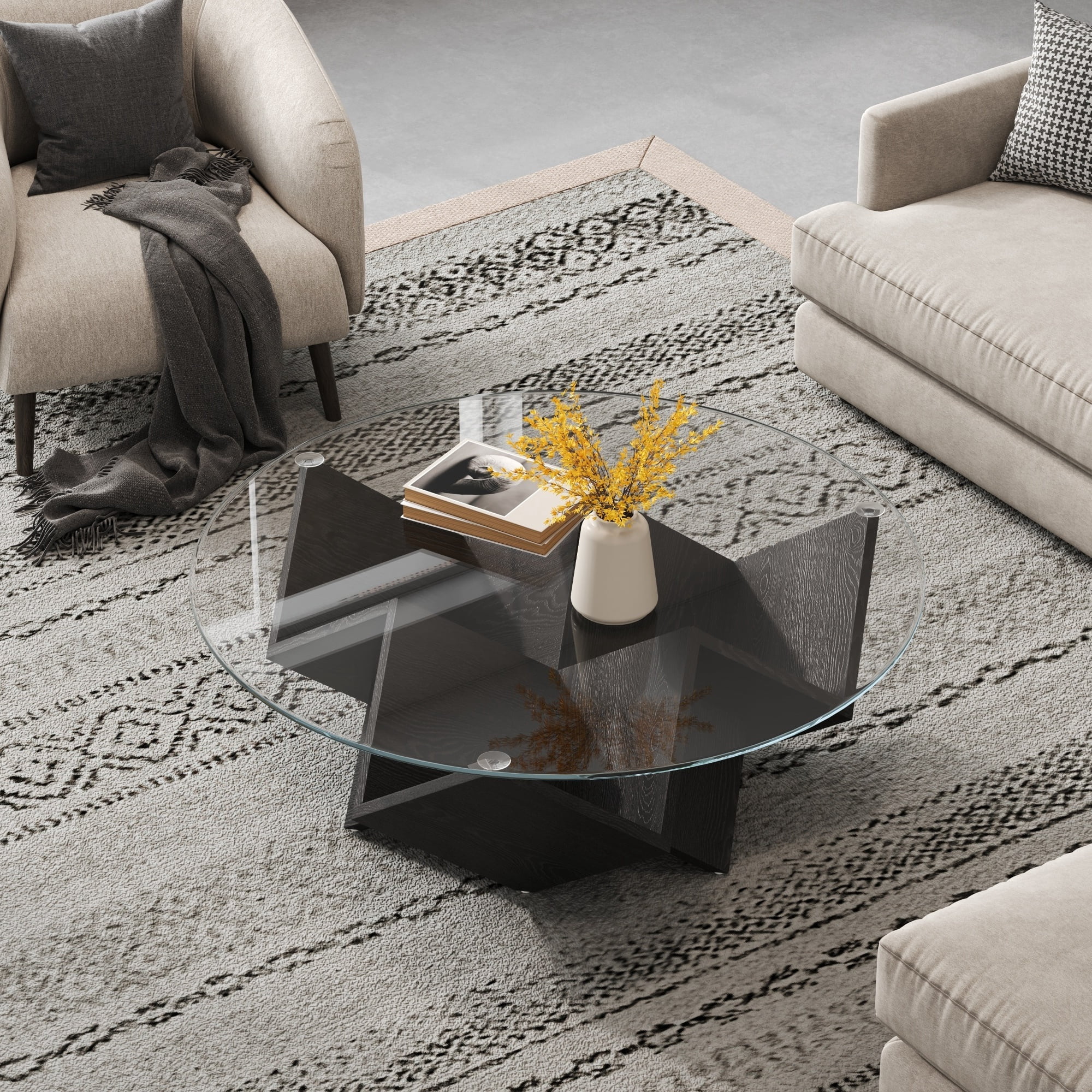 35.4" Round Coffee Table with Tempered Glass Top, Geometric Design Accent End Table with Abstract Art Deco Storage Shelves Base