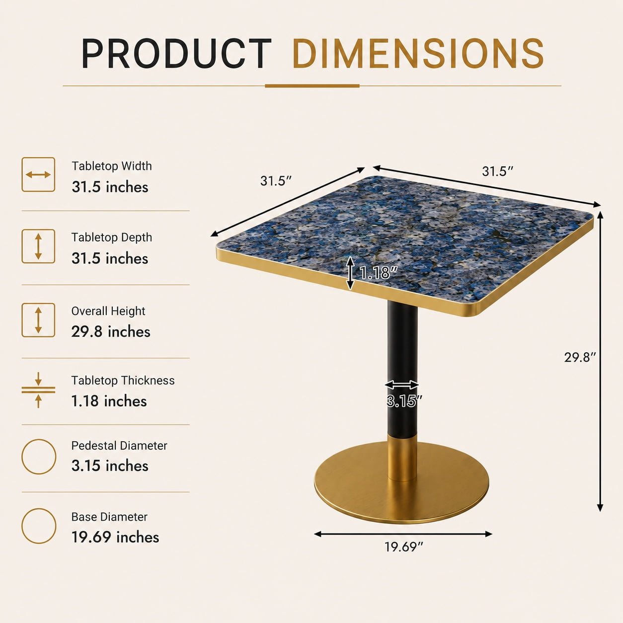 Aukfa 31.5" Square Dining Table for 2-4, Marble-Look Sintered Stone Top, Gold Pedestal Base, Small Spaces,Sapphire Blue