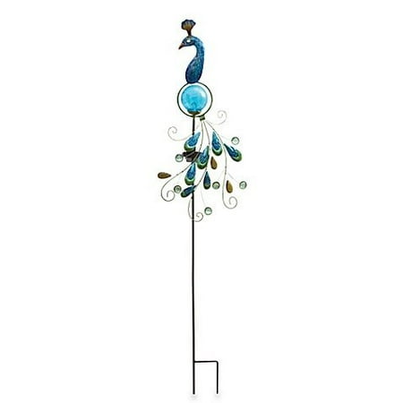 Garden Peacock Metal and Fused Glass Peacock Solar Garden Stake, Weather-resistant with Energy Efficient LED Lights- Illuminates up to 8 hours on a full charge ()