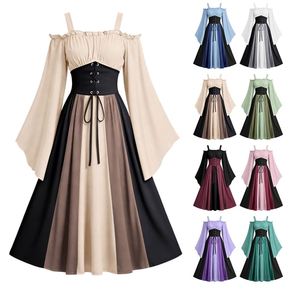 Oksale Renaissance Dress for Women Vintage Cold Shoulder Lace Up Maxi Medieval Dresses Halloween Flowy Bell Sleeve Oktoberfest Outfits Gothic Dress Mint Green S