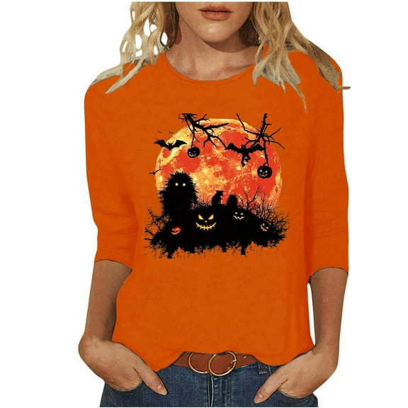 LYEAA Halloween Womens 3/4 Sleeve Tops and Blouses Crew Neck Regular Straight Cuff Casual Wear Printed Holiday Clothes Orange XL