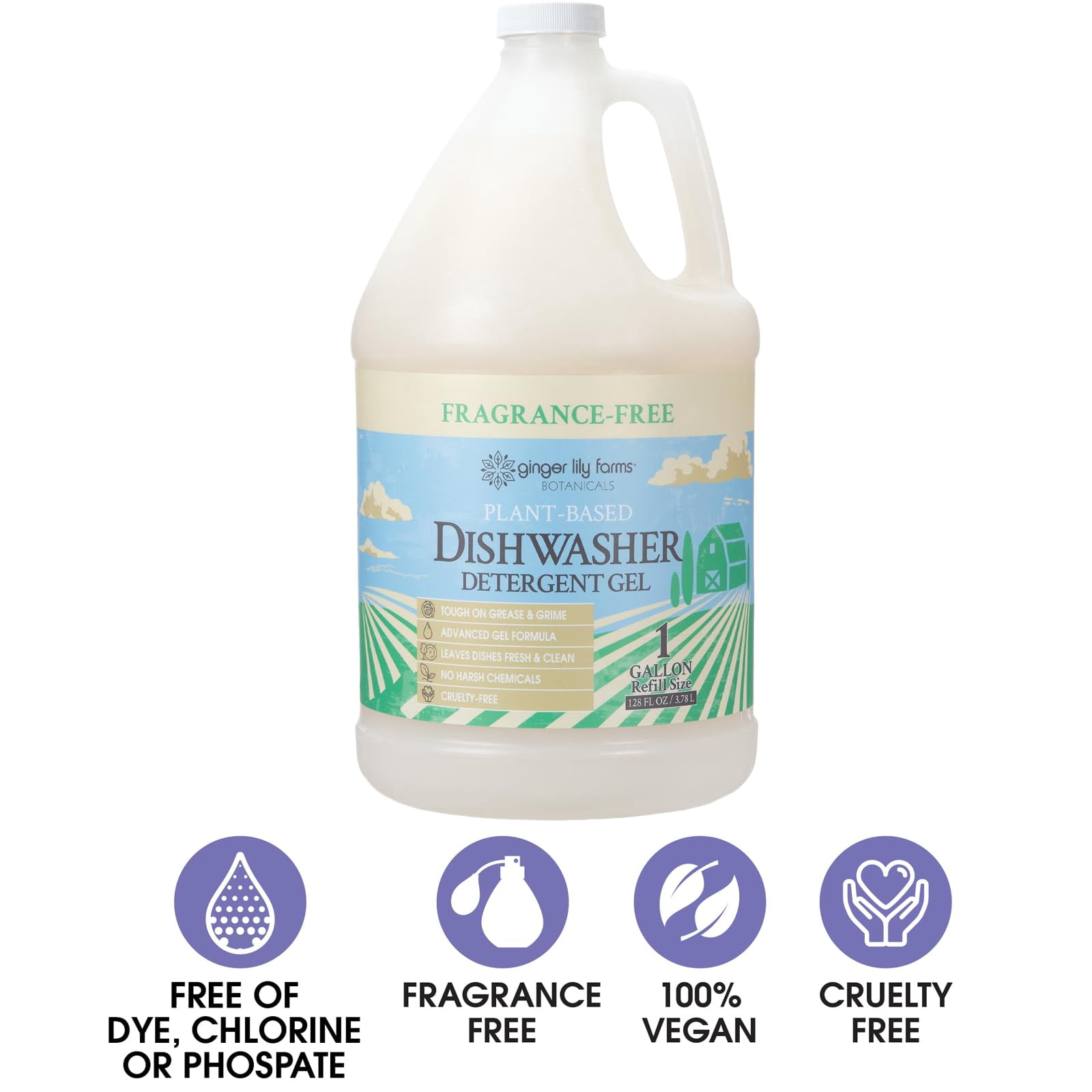 Ginger Lily Farms Botanicals Plant-Based Dishwasher Detergent Gel, 100% Vegan & Cruelty-Free, Fragrance-Free, 1 Gallon (128 Fl Oz) Refill