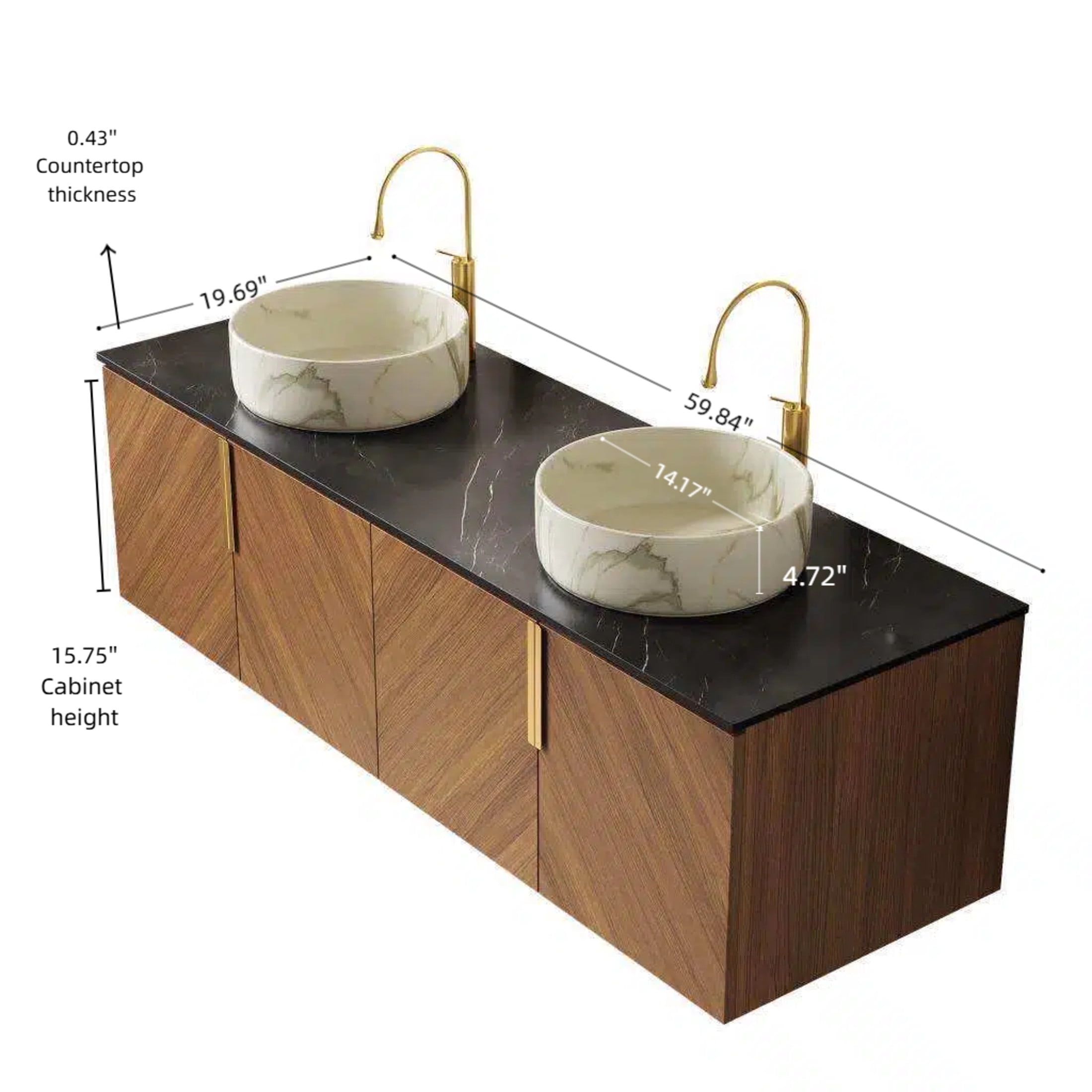 Noble House ARAI 60" Floating Double Bathroom Vanity, Sintered Stone Top Cabinet with Dual Stone Round Sink, Oak