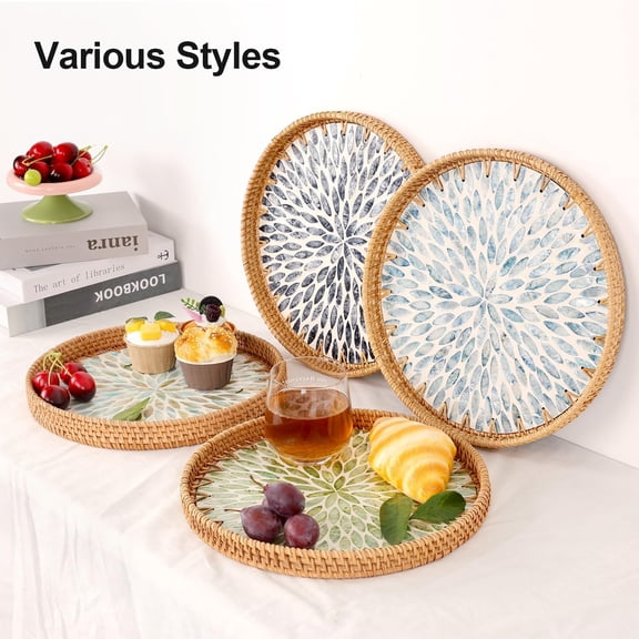 Round Rattan Tray with Mother of Inlay, Green Leaf Wicker Serving Tray for Coffee, Fruits, Decor