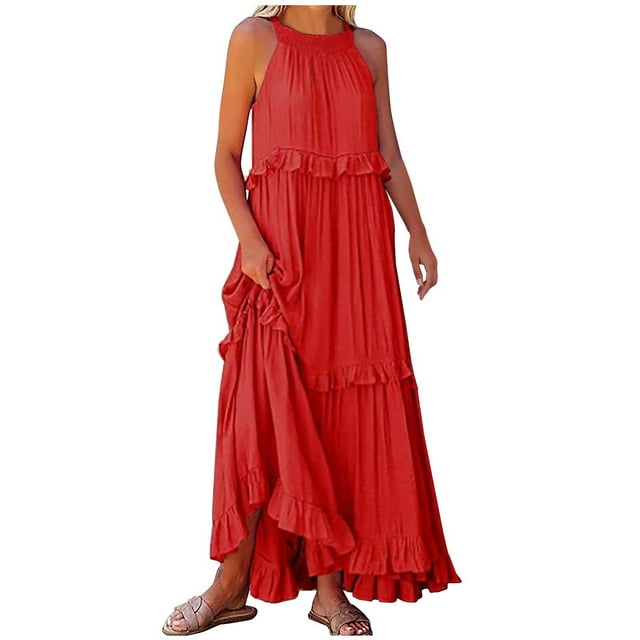 fatyb Robe d'Été 2025 pour Femmes Sans Manches à Volants à Étages Robe Maxi Fluide Décontractée Longue pour la Plage