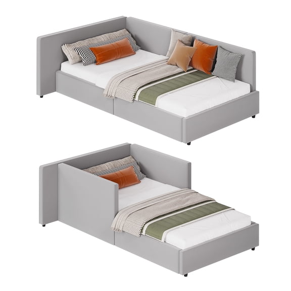 Velvet Upholstered Twin Corner Daybed Frame with Extended Headboard - Guardrail & Side Rails - Reversible Left/Right Corner Setup - Wooden Slat Support, Light Gray, Twin