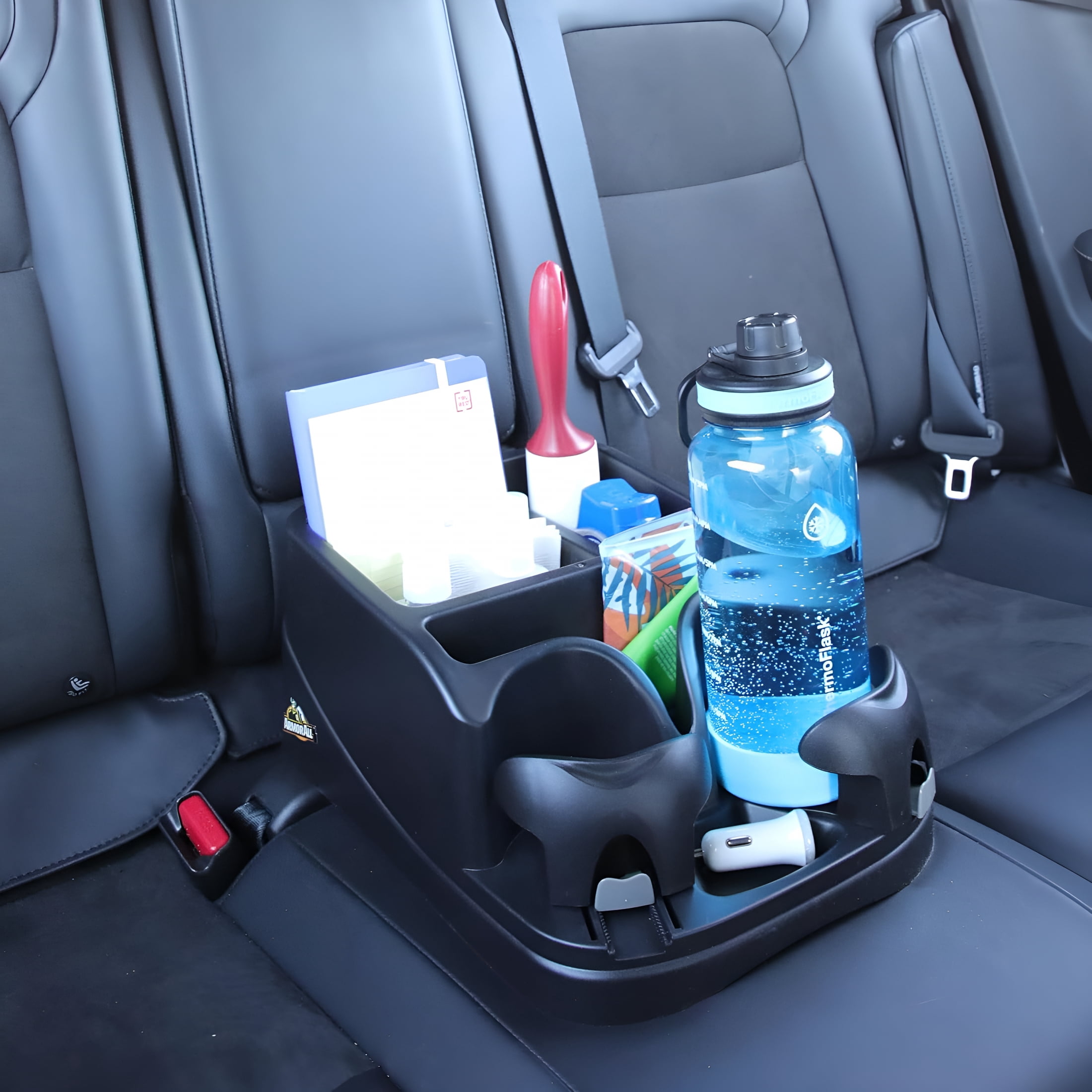 XIBUFE Car Console Organizer,Car Seat Organizer with 2 Adjustable Cup Holders,3 Large Storage Compartments,Seatbelt for Secure Hold,Vehicle Middle Seat Organizer for Cars,Trucks,Minivans