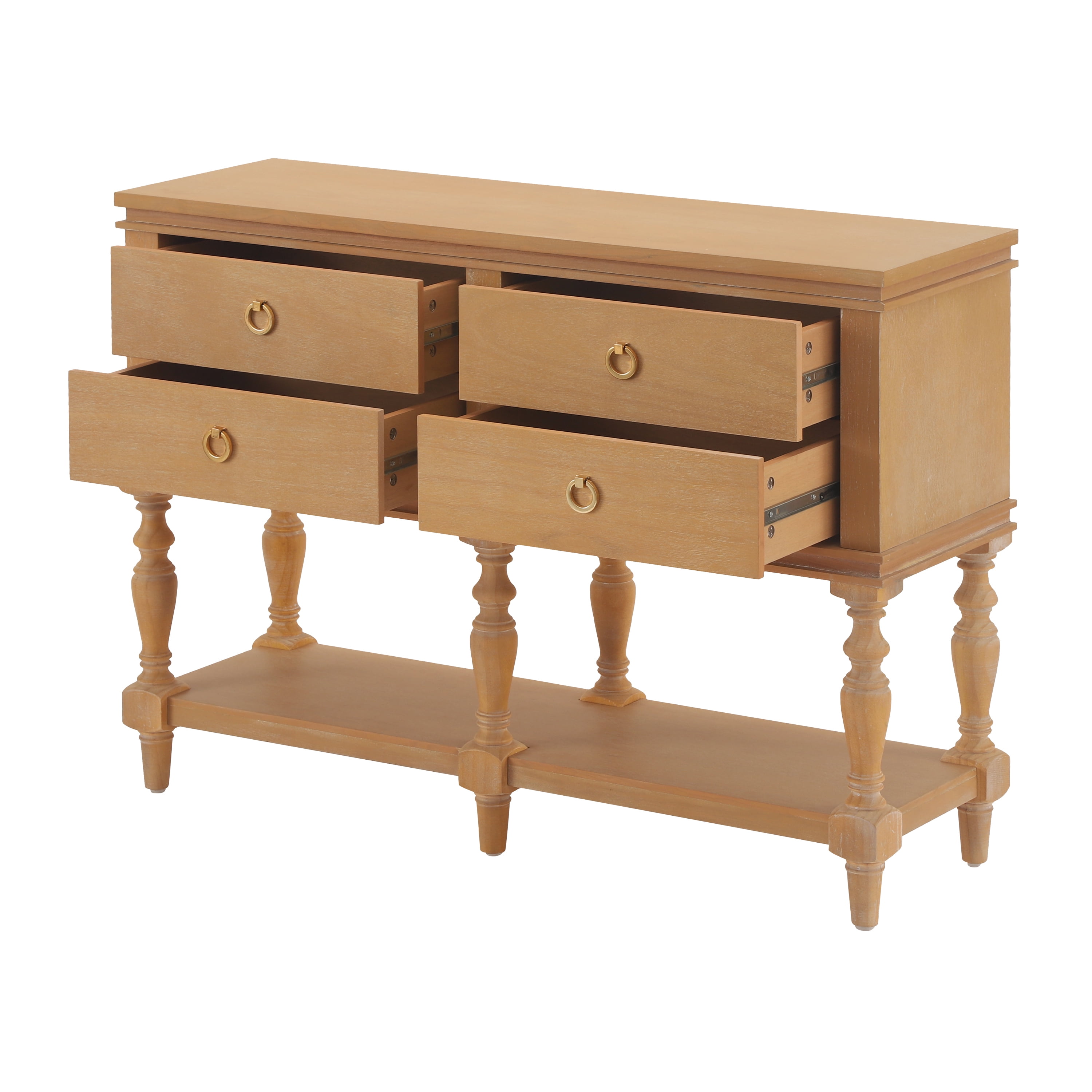 Euroco Retro Console Table with 4 Drawers, Solid Wood Entryway Table with Classic Turned Legs & Bottom Shelf, Sofa Table Behind Couch for Living Room,Hallway,Natural