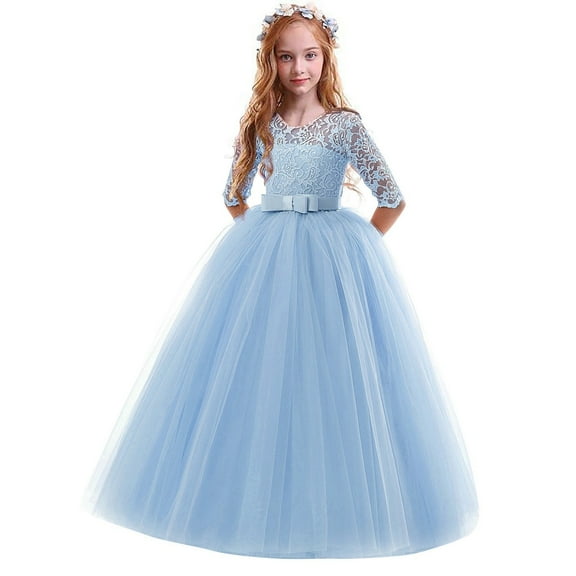 Rhuody Flower Girl Dresses Sleeveless Performance Tutu Dress Formal Flower Lace Wedding Clothes Child Bowknot Dress&Skirt Toddler Adorable Daily Outfits Light Blue 3-4 Years