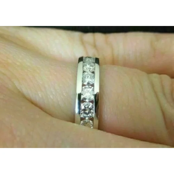 Band Wedding Ring 14K White Gold Plated Round 2 Ct Cut Moissanite Channel Set