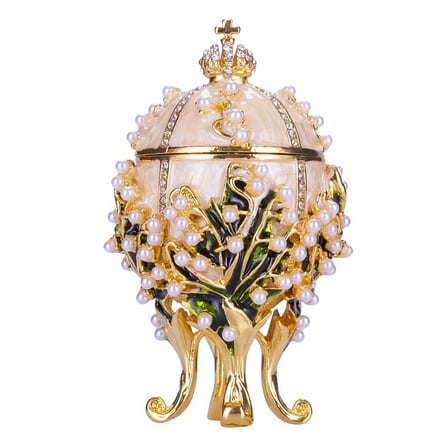danila-souvenirs Faberge style Lilies of the Valley Egg / Trinket Jewel Box with Emperor's Crown 3.4'' (8.5 cm) cream