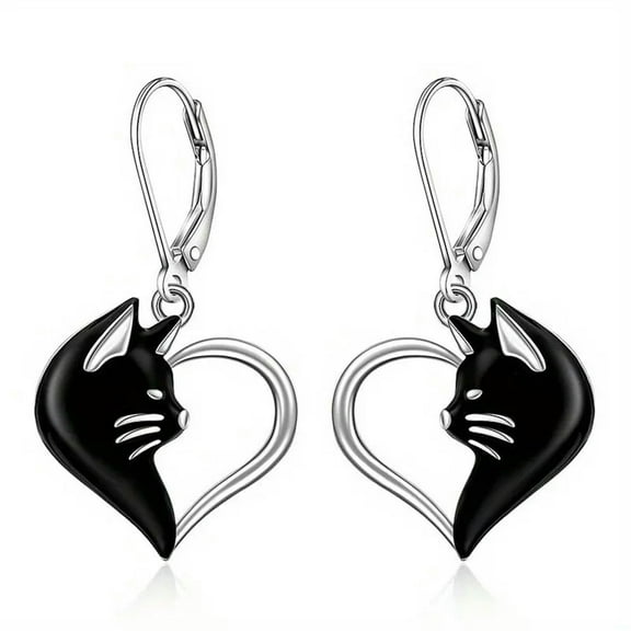 HOOUN 925 Silver Cartoon Cat Earrings Oil Heart Drop Dangle Earrings Halloween Gifts