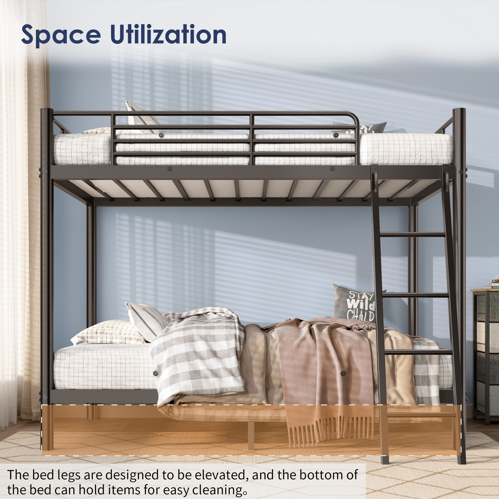 Metal Bunk Bed, Twin Bunk Bed, Twin Over Twin&nbsp;Platform Bed with Guardrails, Sturdy Construction No Box Spring Required, for Kids Children Room, Black, 75 Inch