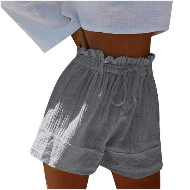 Womens Linen Shorts High Waisted Ruffled Wide Leg Drawstring Summer Beach Shorts With Pockets Dark Gray