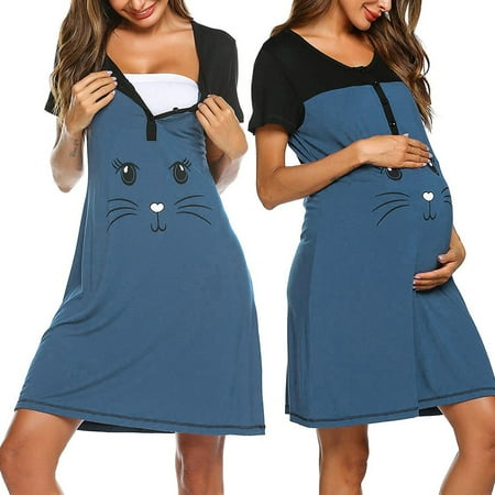 

Women Maternity Short Sleeve Cute Print Nursing Nightdress Breastfeeding Dress