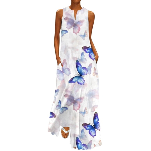 Gibobby Vestido de gasa de verano para mujer Vestido largo adecuado para mujer, vestido largo elegante suelto a la moda de verano para mujer, vestidos florales (Azul,CH)