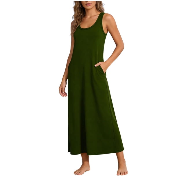 Vestido de Cuello de Tripulación para las Mujeres Moda Casual Color Sólido sin Mangas Bolsillo Longitud de Tobillo Vestido de Verano Largo para las Mujeres