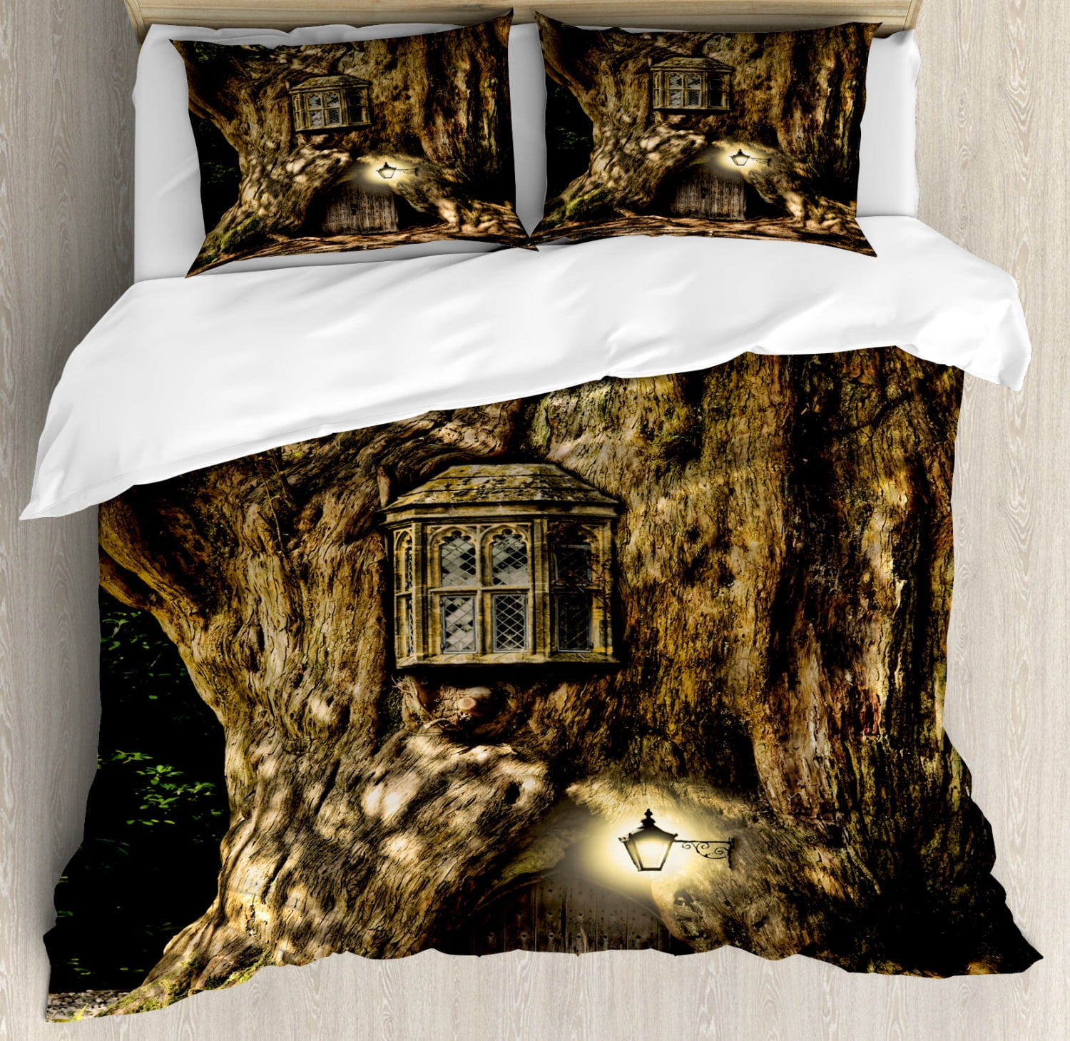 Fantasy Duvet Cover Set, House in Tree Trunk in Forest with Folk Stories Themed Design Rustic