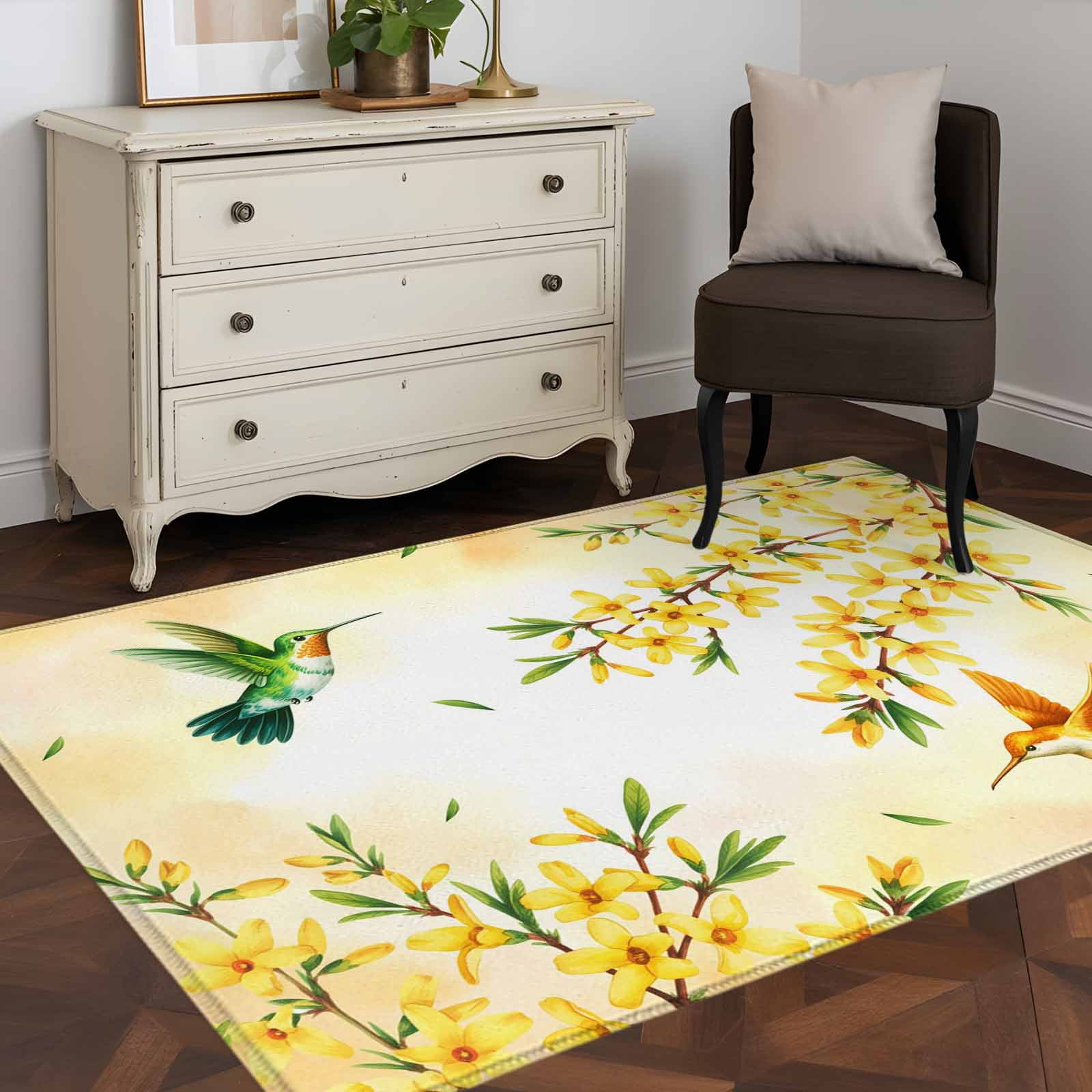 Area Rug 48×72in, Spring Yellow Flower Hummingbird Floor Carpet Living Room Rug, Watercolor Forsythia Floral Non-Slip Welcome Mat Indoor Rugs for Bedroom Dining Room