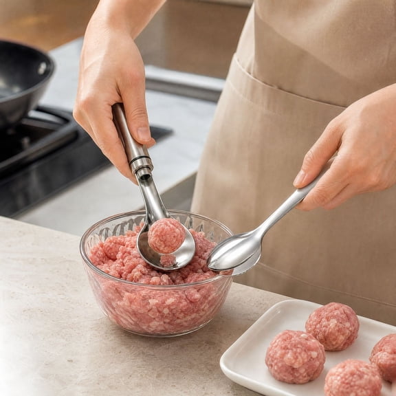Silver Meatball Maker Spoon, Stainless Steel Meatball Scoop Ball Maker Tool with Long Handle Fruit and Vegetable Tools, Tool for Kitchen DIY Cooking