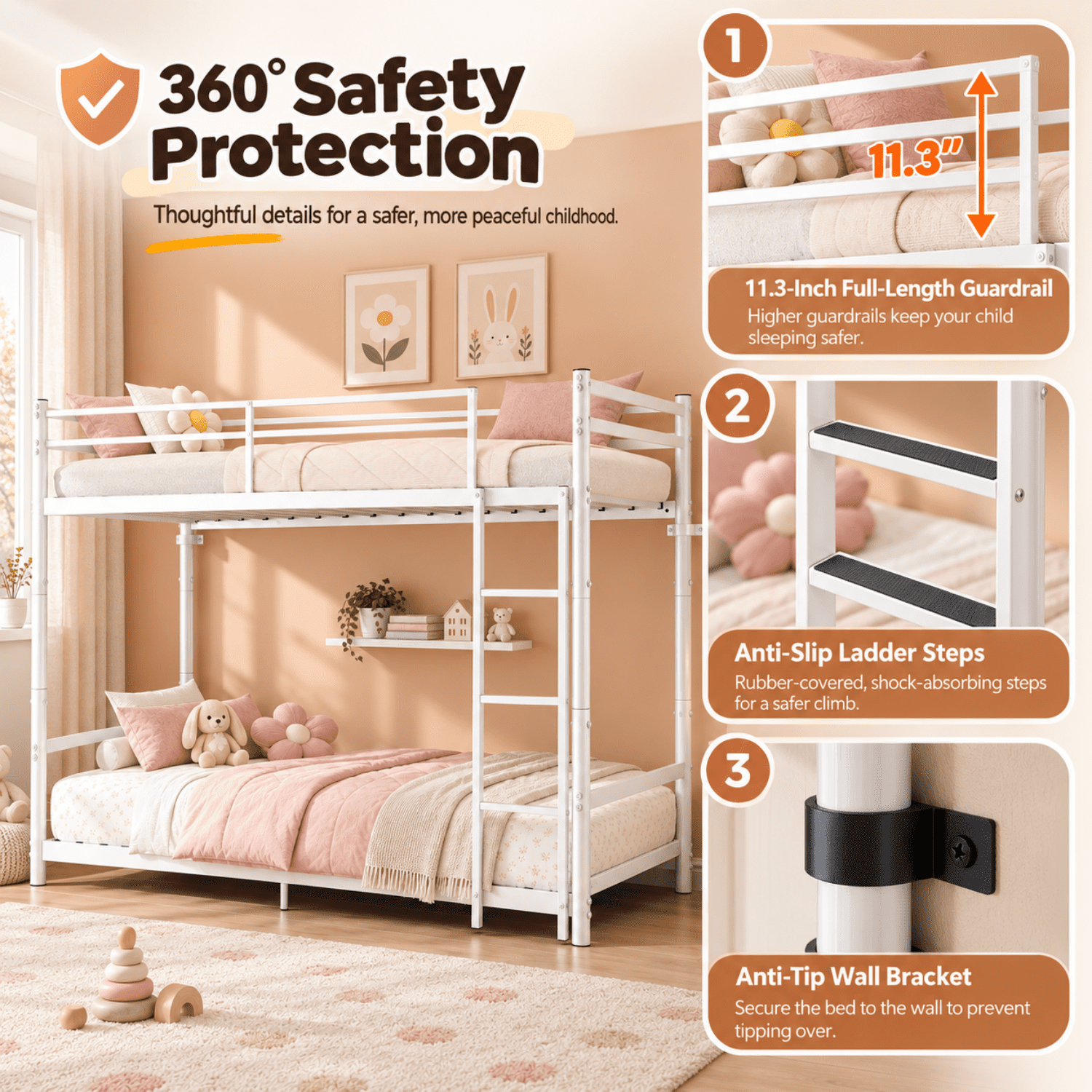 Miniyam Twin over Twin Metal Bunk Bed, Convertible to 2 Twin Beds with Guardrail, White