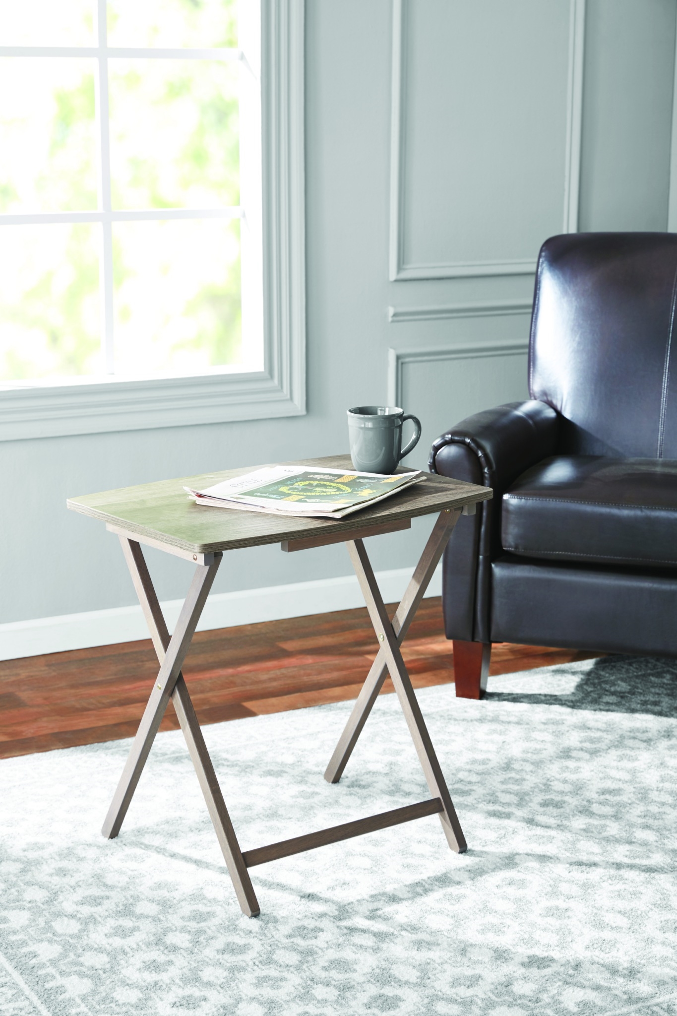MAINSTAYS MODERN INDOOR FOLDING XL OVERSIZED TRAY TABLE IN RUSTIC GRAY L23.5 X W18 X H26 INCHES.