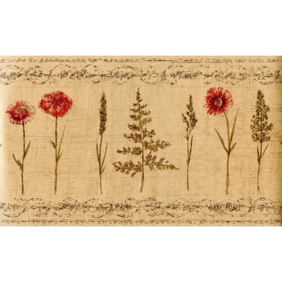 TRIMZ Daisy Flowers Wallpaper Border - Herb and Wheat - Brown, Beige, Red 15' L x 10.25" W