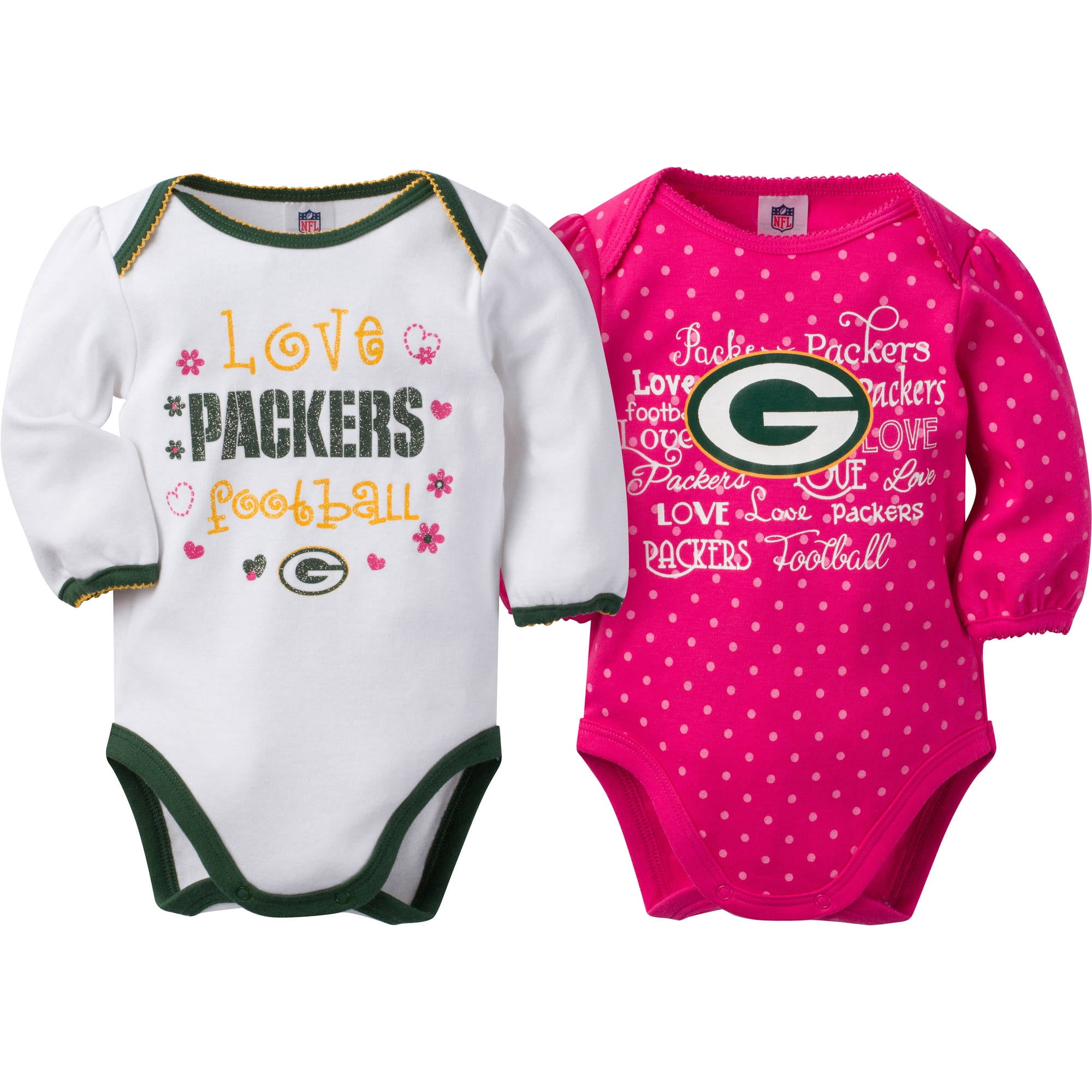 NFL NFL Green Bay Packers Baby Girls Long Sleeve Bodysuit Set, 2Pack