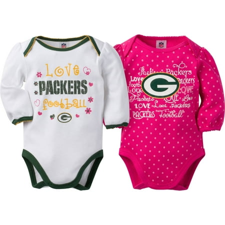 NFL Green Bay Packers Baby Girls Long Sleeve Bodysuit Set, 2-Pack - 0