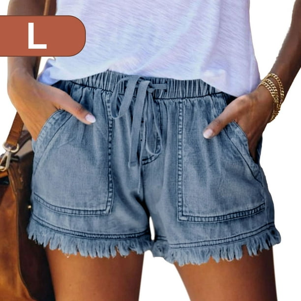Denim Shorts Stretchy High Waist Breathable Office Home Women Jean Sweatpants Beach Vacation Comfy Fashion Summer Clothing Dark Blue L