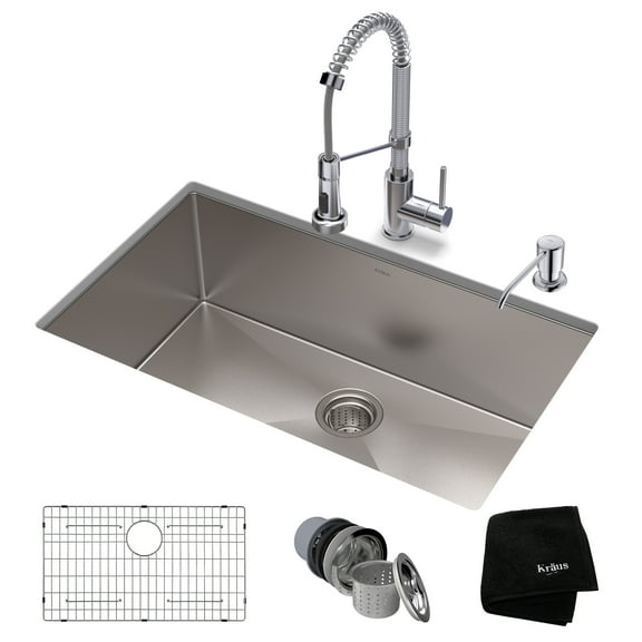 KRAUS 30-inch 16 Gauge Standart PRO Kitchen Sink Combo Set with Bolden 18-inch Kitchen Faucet and Soap Dispenser, Chrome Finish