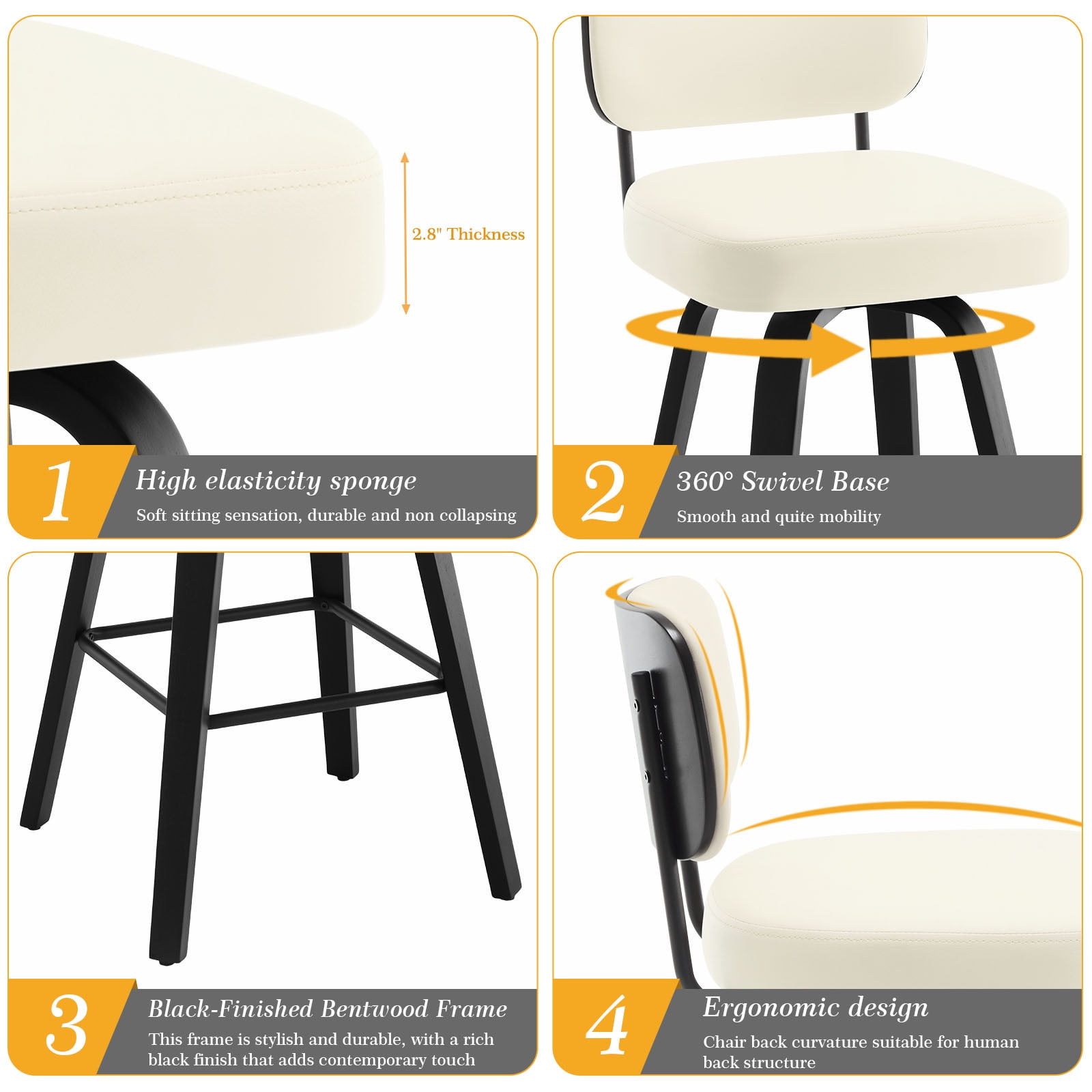 Swivel Counter Height Bar Stools, Set of 1, 29" Upholstered PU Leather Barstools with Back Wood Legs, Mid Century Modern Bar Chair Island Stool for Kitchen Counter, Cream White