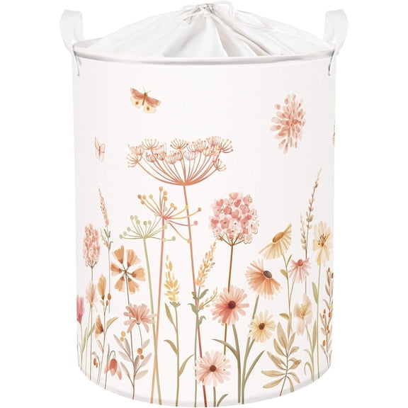 Clastyle 63L Large Boho Flower Plants Kid Laundry Hamper with Handle Girl Bedroom Bathroom Nursery Collapsible Clothes Toy Storage Basket with Lid