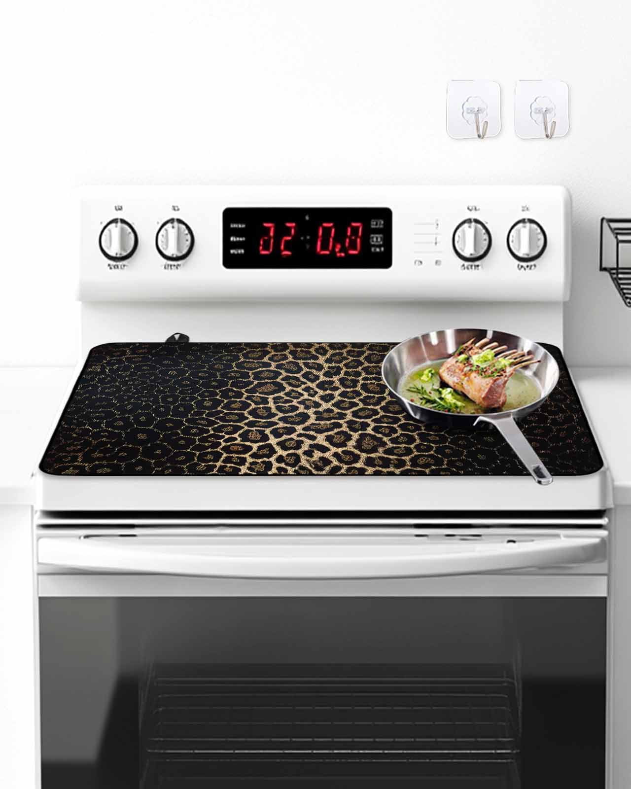 Stove Top Covers for Electric Stove, Leopard Print Glass Stovetop Cover Protector, Chic Abstract Black Brown Animals Texture Induction Cooktop Protector Oven Mat for Kitchen Countertop 24"x21"
