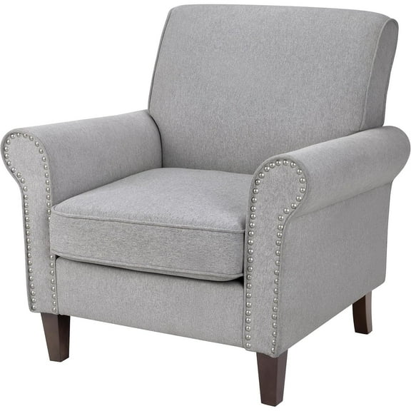 PYYP Comfy Accent Chair, Mid-Century Modern Fabric Living Room Chair Reading Chair with Soft Cushion, Nailhead Trim & Rolled Armrest, Arm Chair Sofa Chairs for Bedroom Waiting Room Office, Grey