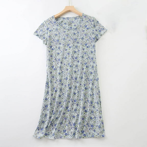 Women's Long Nightgown Pleated Casual Nightdress Short Sleeve Soft Nighties Nightwear Gray A S