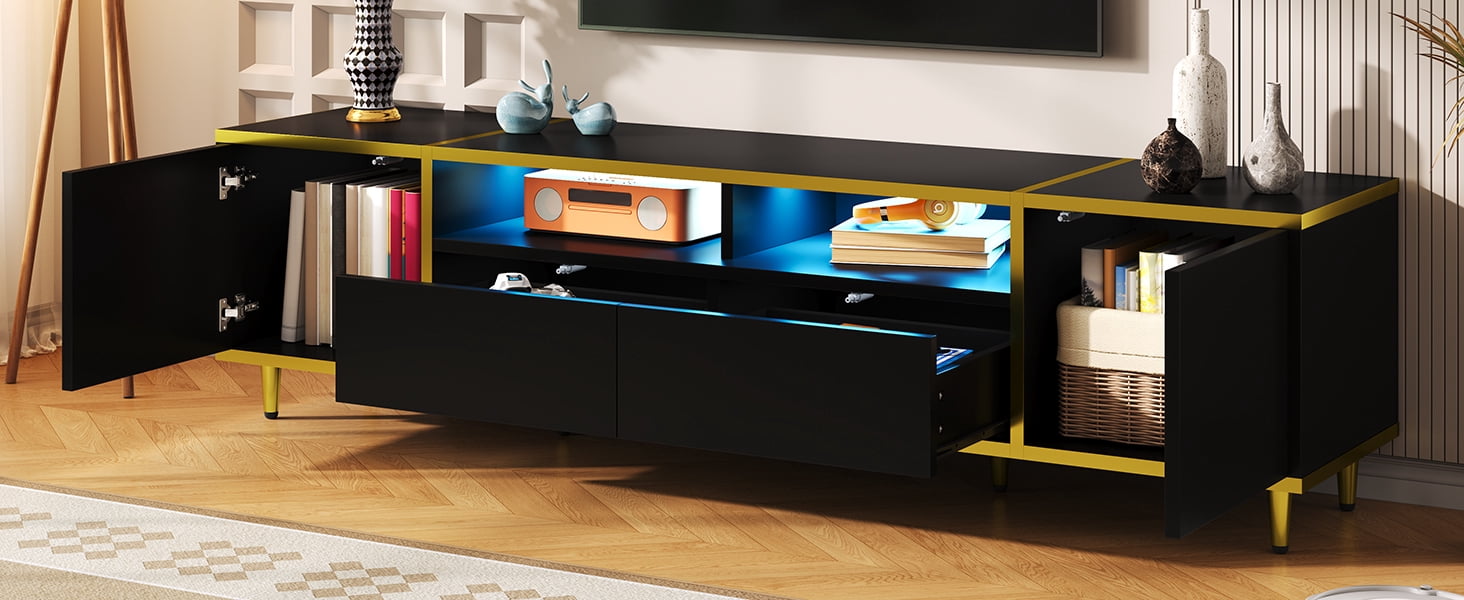 Euroco Modern LED TV Stand with Storage Cabinets, Drawers, Golden Accents & App-Controlled Lighting