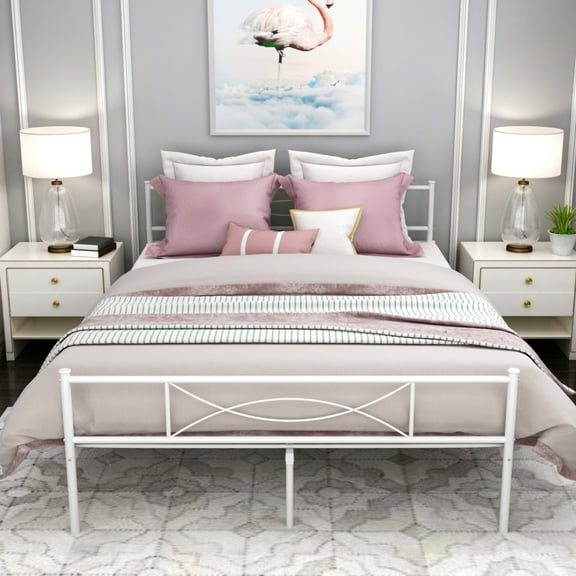 Yoneston Queen Size Metal Bed Frame Bedroom Platform Bed Frame with Headboard, White