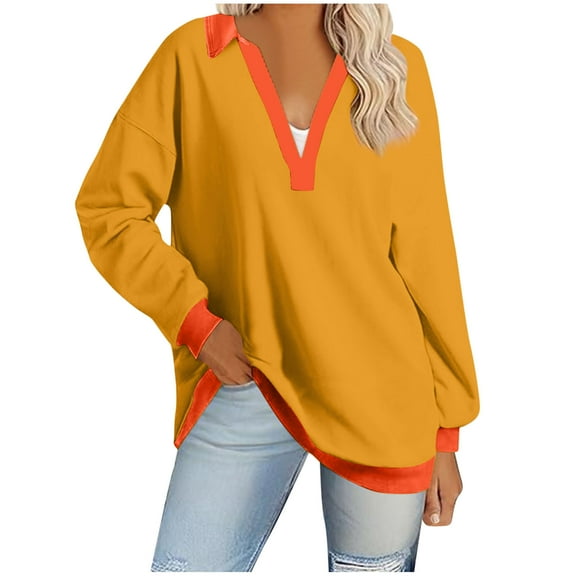 lmcalzta Womens Shirts Long Sleeve V Neck Lapel Loose Fitting Shirts Spring Fall Comfy Pullover Tops Solid Color