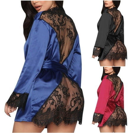 Elainilye Fashion Women s Lingerie Soild Nightgown Lace Splicing Satin Robe Sheer Bodysuit Chemise Nightwear Red
