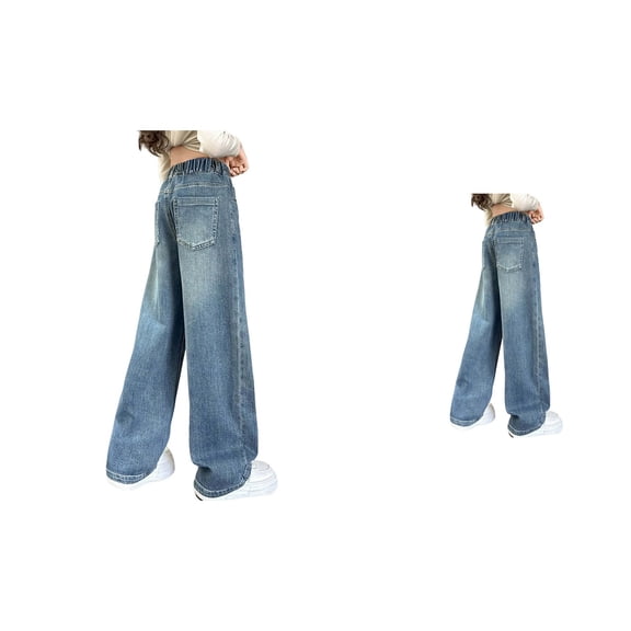 High Waist Wide Leg Girls Jeans – Light Blue Soft Denim, Loose Baggy Fit, Elastic Waistband, Straight Long Casual Trousers for Kids Youth School Daily Wear