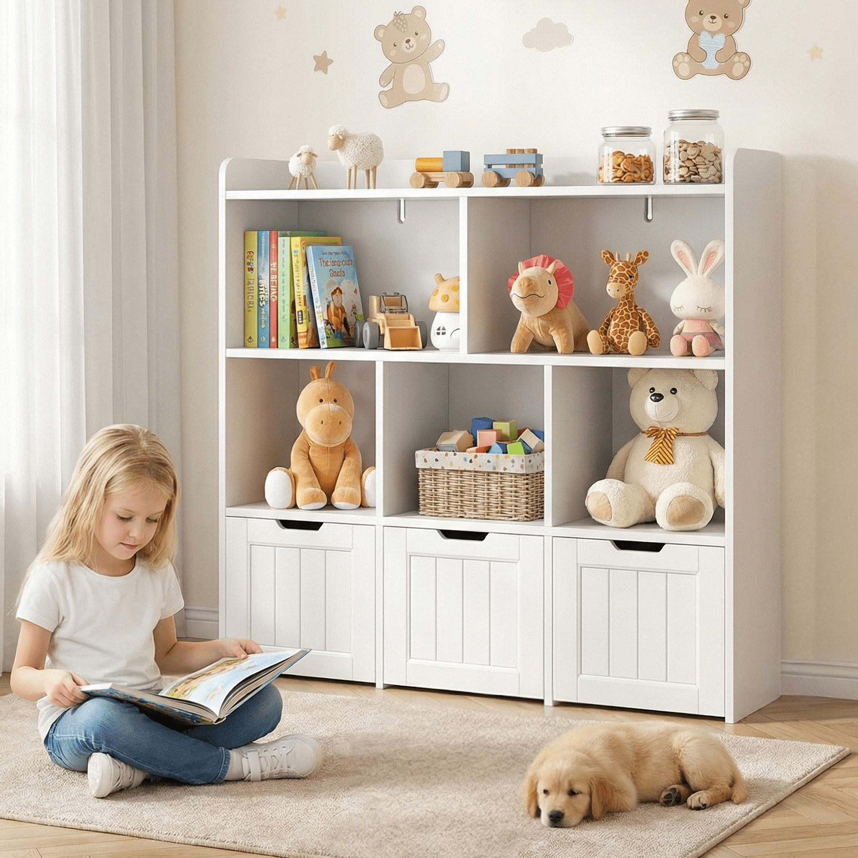 Homfa Kids Bookcase, 6 Storage Bins, 3 Drawers, 4 Shelves, White