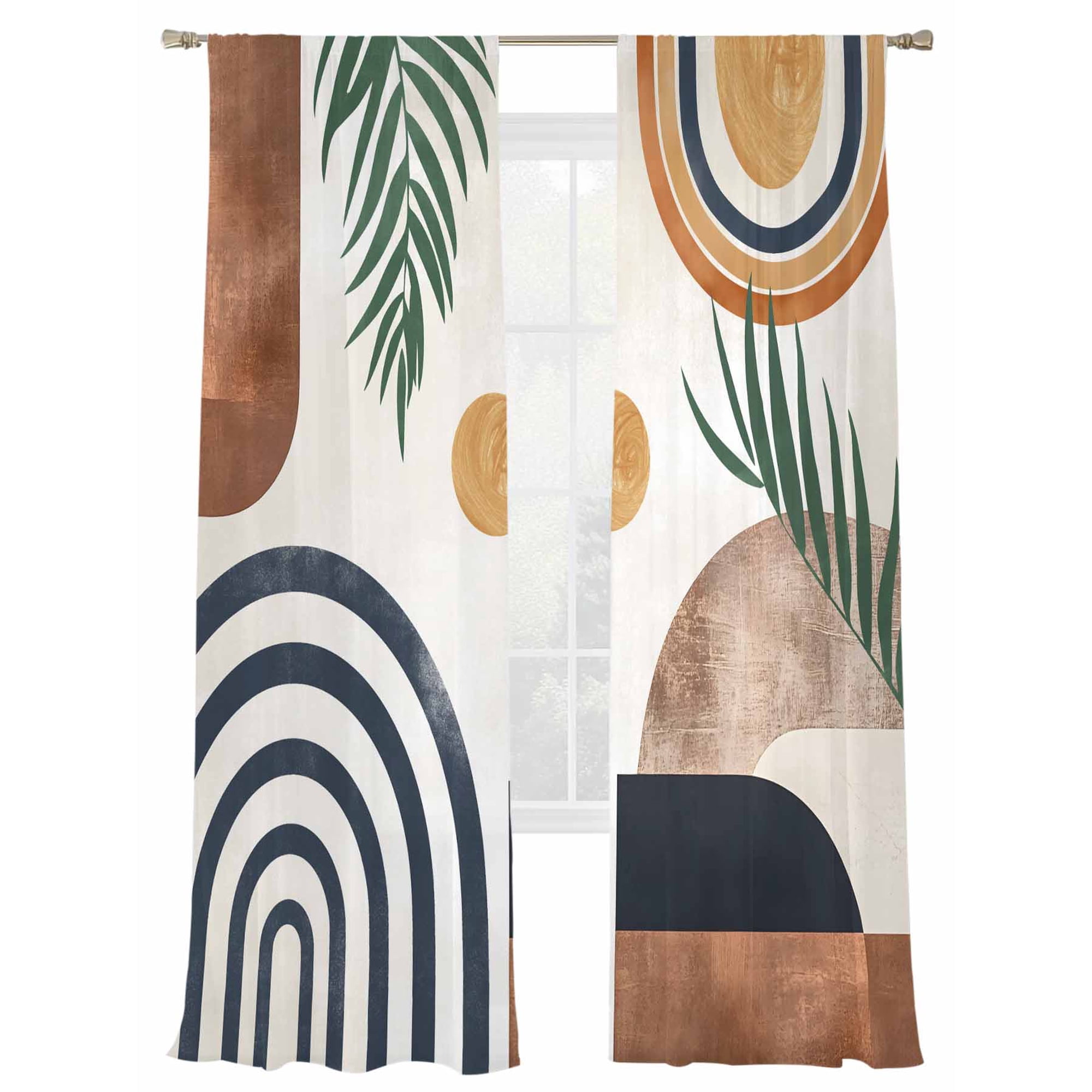 Sheer Curtains 84 inches Long 2 Panels Set Boho Leaf Geometric Neutral Mid Century Sheer Window Curtain Rod Pocket Voile Drapes for Living Room/Bedroom, Each 52" W x 84" L