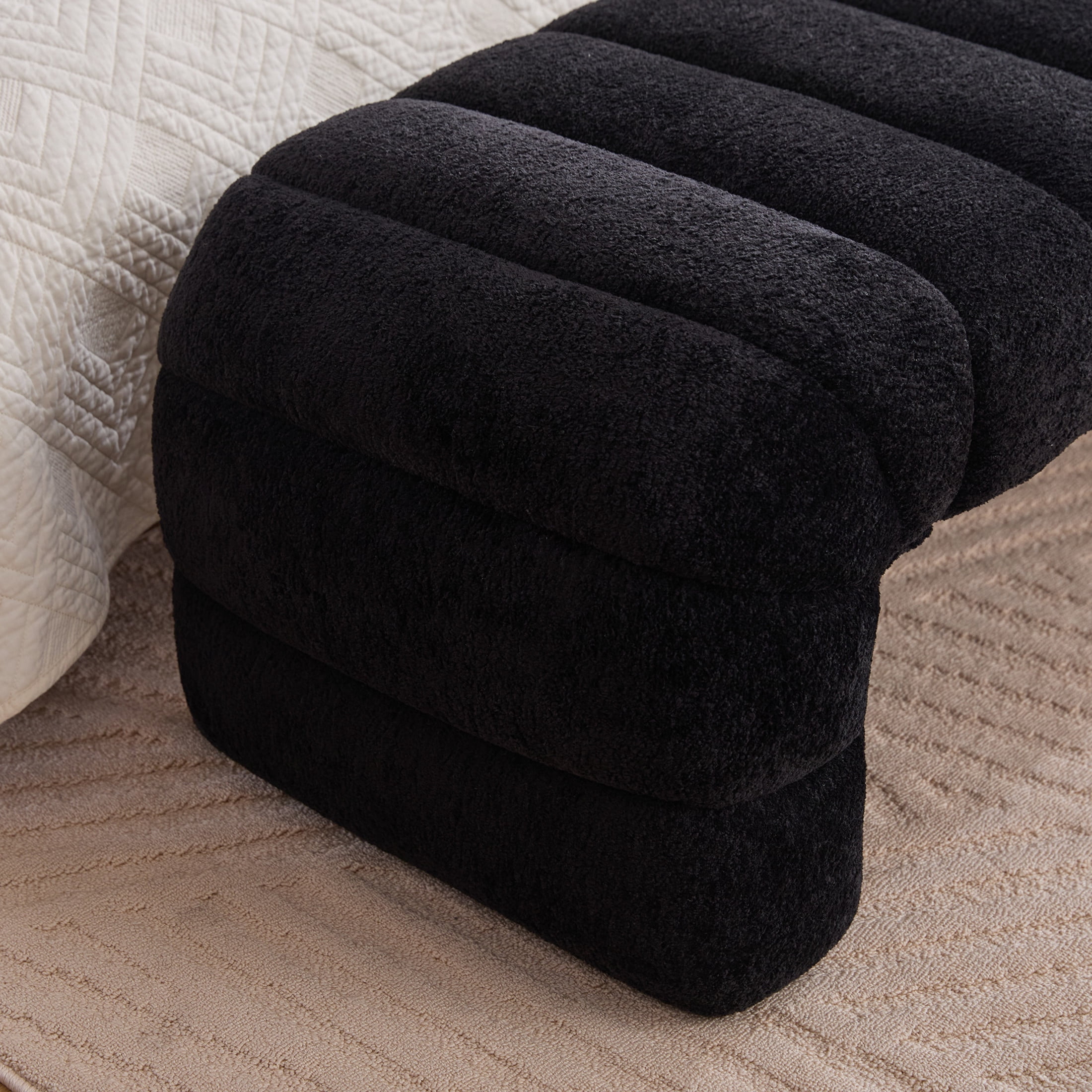 Noble House Arshore 69.7" Chenille Armless Bed Bench, Channel Tufted Daybed Chaise for Bedroom & Living Room, Black