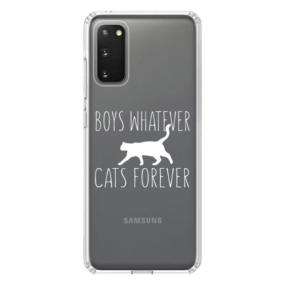 DistinctInk Clear Shockproof Hybrid Case for Galaxy S20 PLUS / 5G (6.7" Screen) - TPU Bumper Acrylic Back Tempered Glass Screen Protector - Boys Whatever, Cats Forever