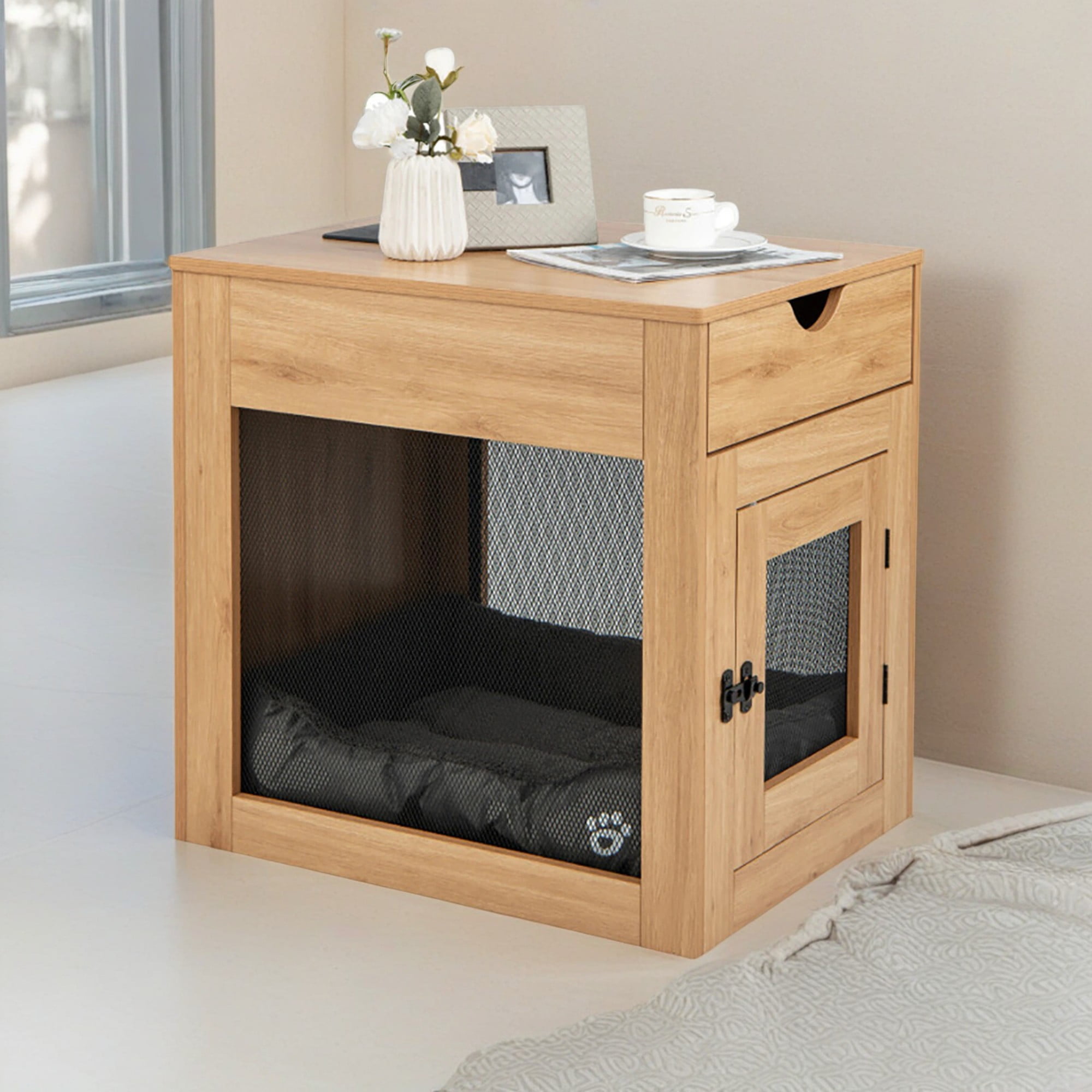 Kadyn 25" Dog Crates for Medium Dogs, Wood Dog Cage Furniture with Drawer and Removable Dog Bed, Dog Kennel for Indoor, Dog House, Beige