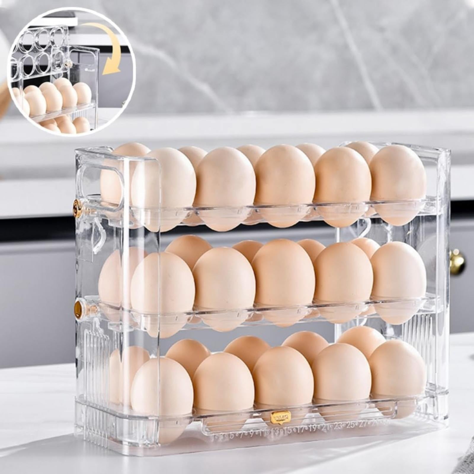 XKHAZA Flippable Egg Holder for Refrigerator, 3 Layer Egg Storage Container for Refrigerator Side Door Auto Flip Tray Egg Storage Container, Saving Eggs Dispenser for Countertop
