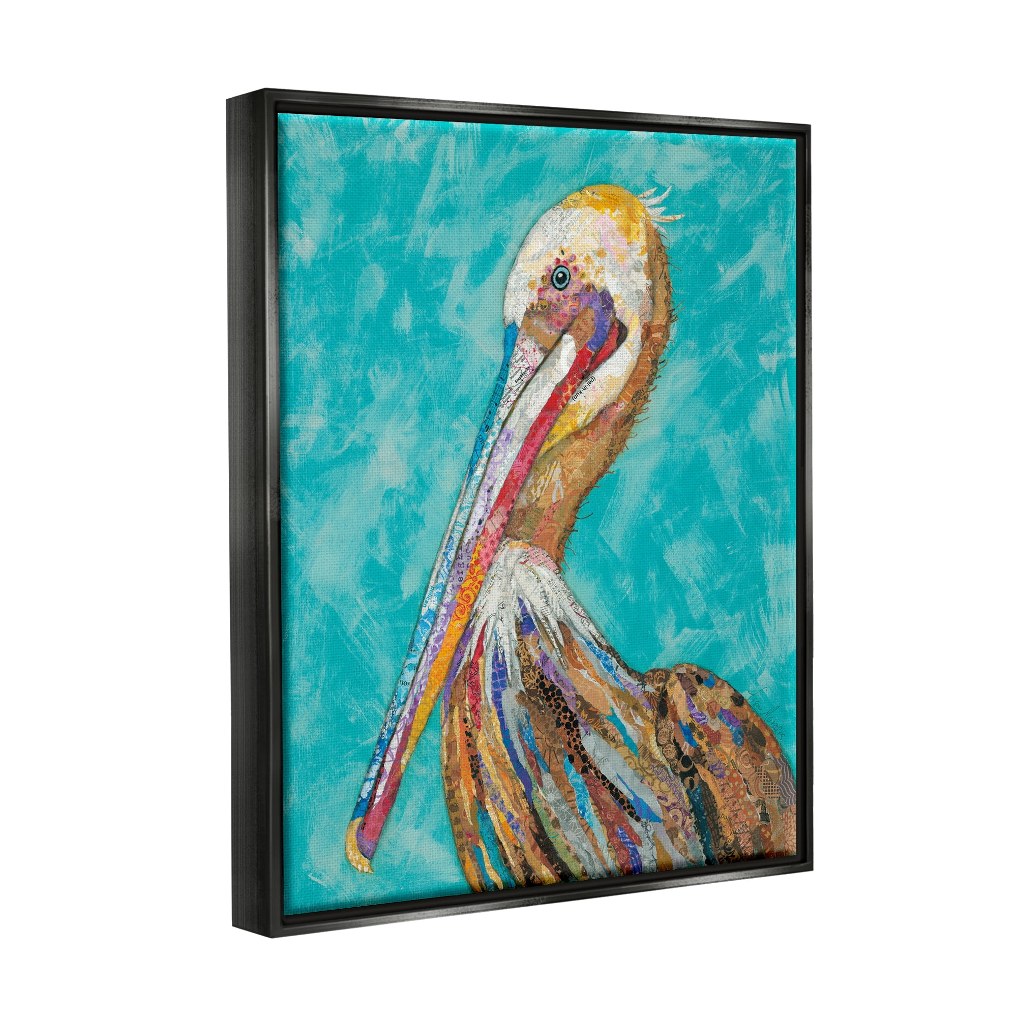 Stupell Industries Bold Pelican Bird Varied Collage Pattern Stripes Painting Jet Black Floating Framed Canvas Print Wall Art, Design by Lisa Morales