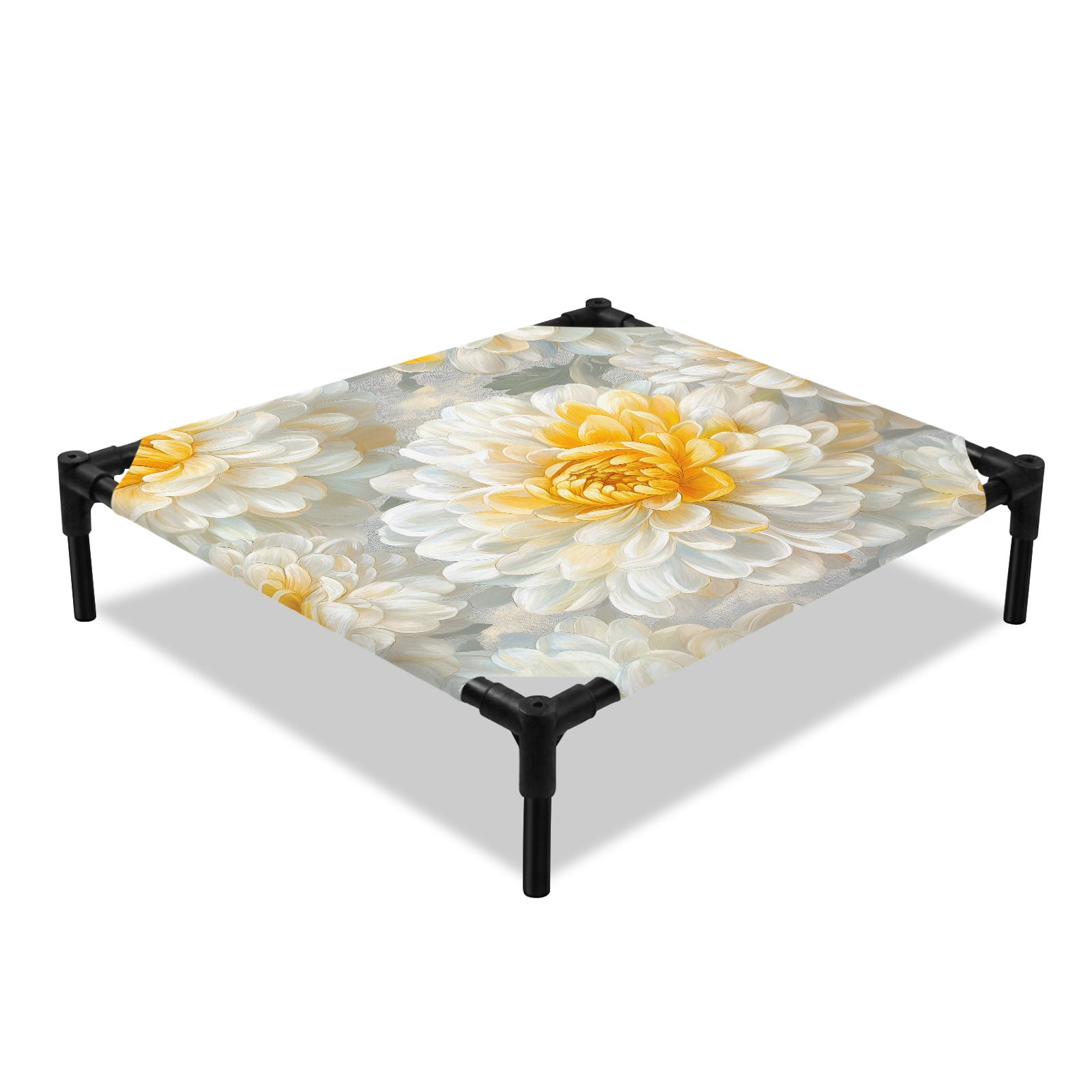 Spring Floral Elevated Dog Bed Vintage Watercolor Gradient Yellow White Flowers Cooling Breathable Outdoor Raised Dog Cot Bed with Metal Frame Non-Slip Feet for Small Dog 20x20in