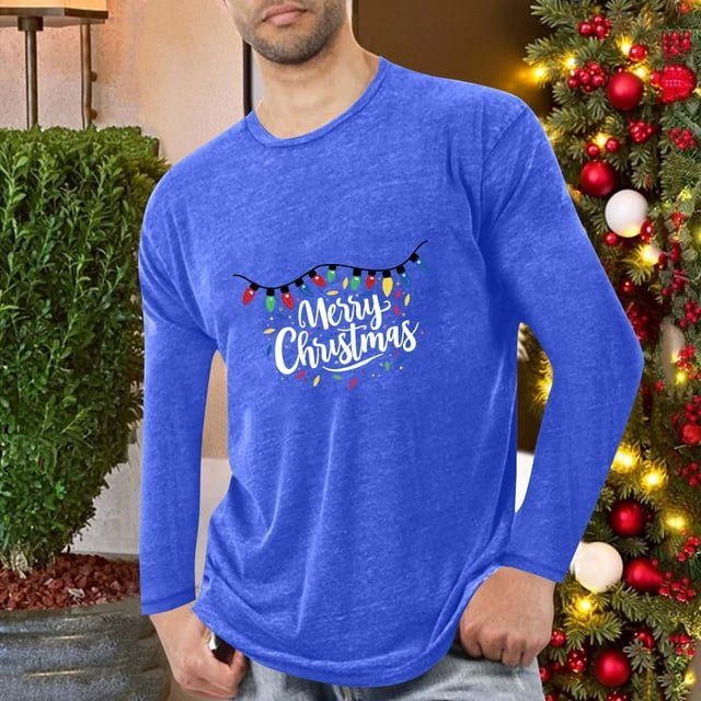 Blusas y camisas de manga larga con cuello redondo para hombre, deportivas, fitness, hogar, pijamas navideños estampados, camiseta de manga larga con cuello redondo, blusa de poliéster para hombre
